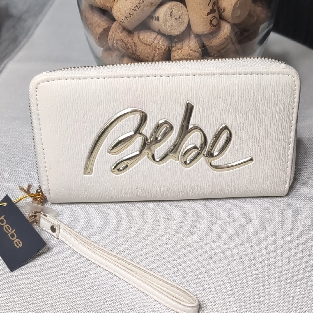 bebe White Zip Wristlet Clutch with Gold Logo